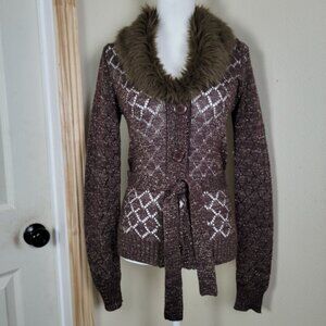 Y2K Takeout Womens Brown Diamond Knit Faux Fur Collar Belted Cardigan Large